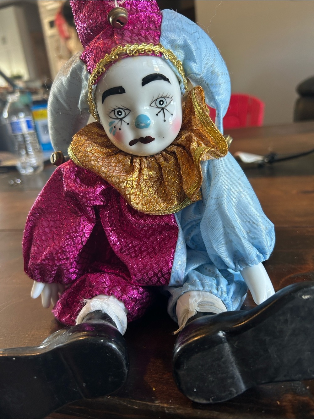Kids Clown Costume Accessory Doll in Pink, Light Blue and Gold porcelain vintage